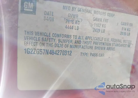 2008 Pontiac G6 z USA, uszkodzony, nr VIN 1G2ZG57N484270312